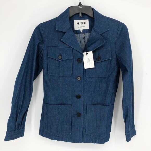 RE/DONE Women's 60's Safari Jacket Small Blue Indigo Cotton Buttons Pockets NWT - Picture 1 of 7